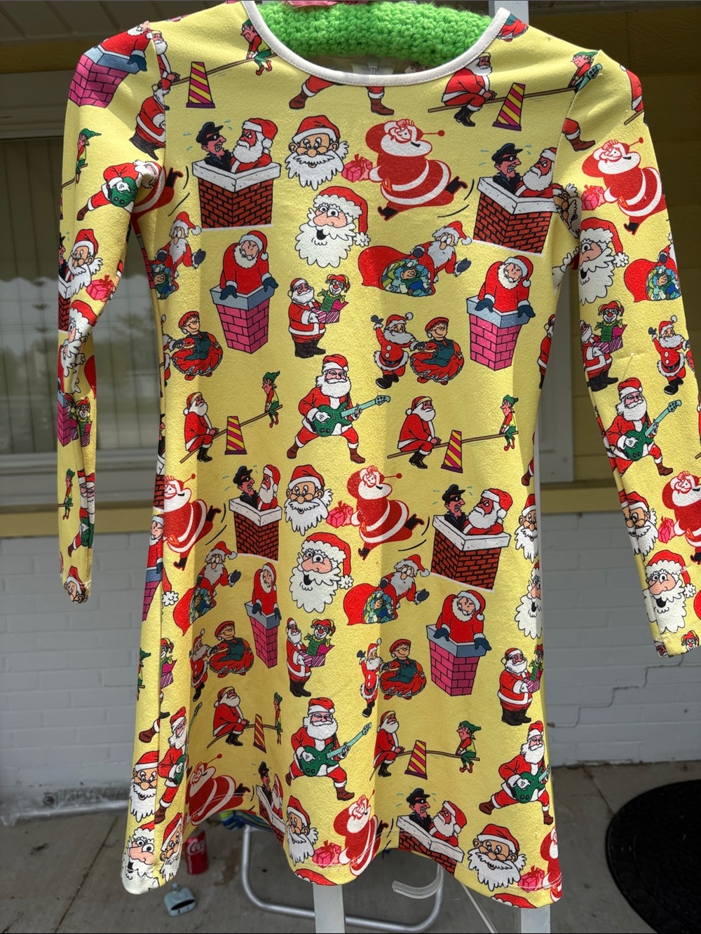 Festive Yellow Santa Print Long Sleeve Dress